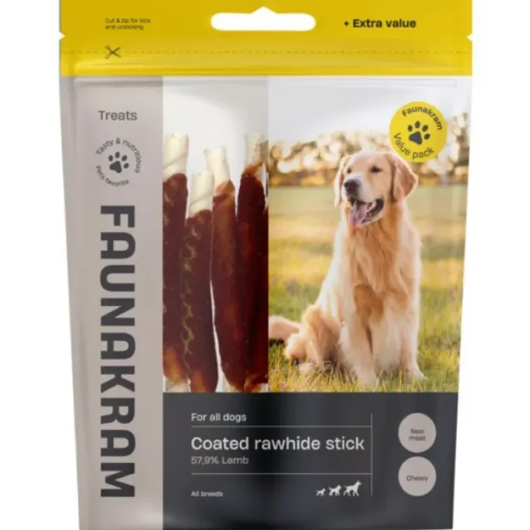 Godbidder & Smagsvarianter|Godbidder Og Gnaveben^Faunakram Lamb Coated Rawhide Sticks | 300g